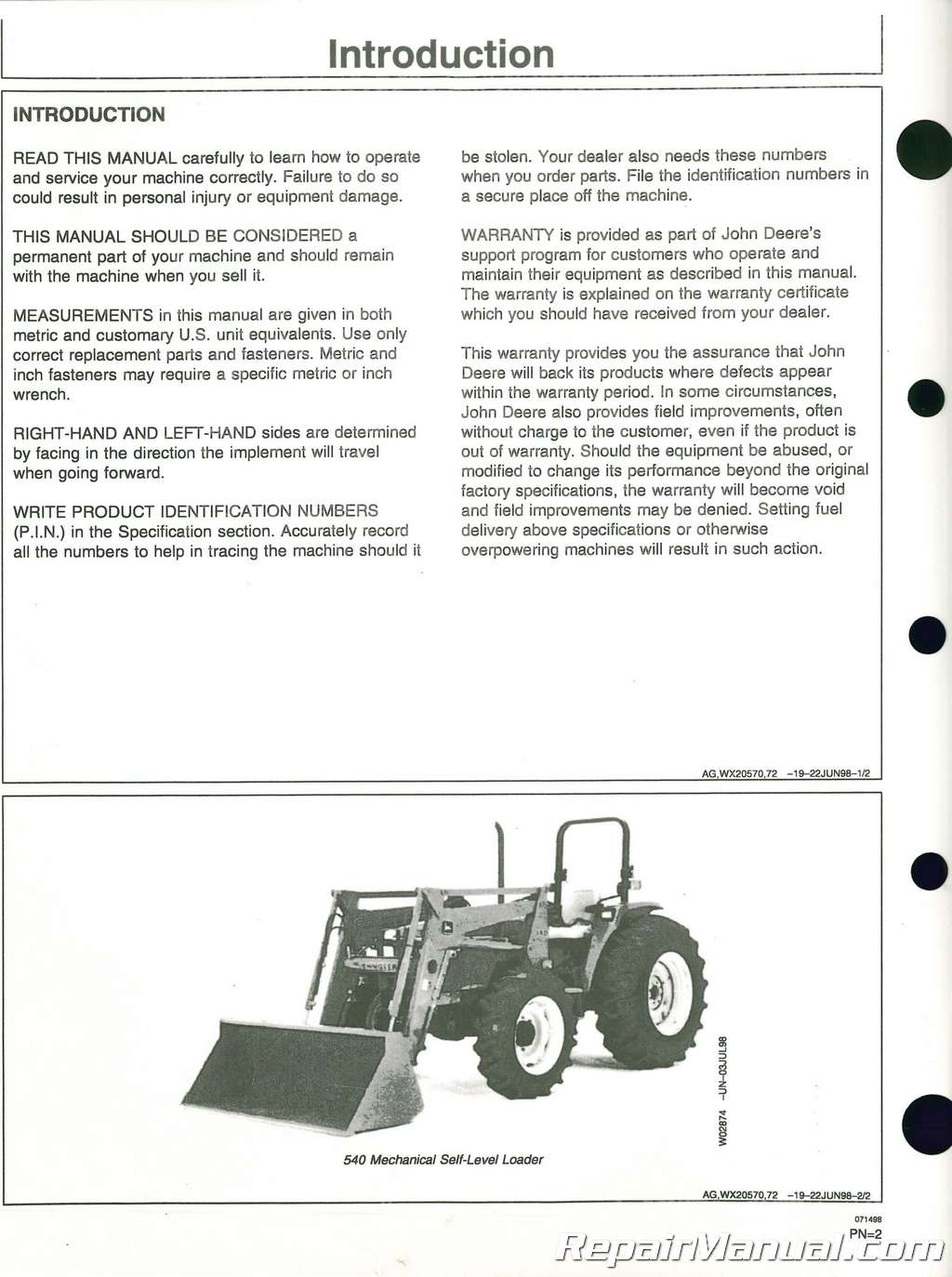 Used John Deere Loader Operators Manual