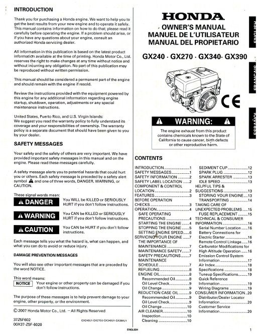 Honda gx240 owner's manual