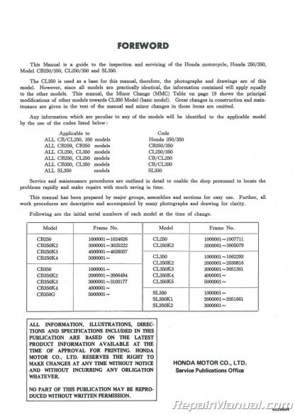 1968-1973 Honda CB CL 250 CB CL SL350 Motorcycle Shop Manual