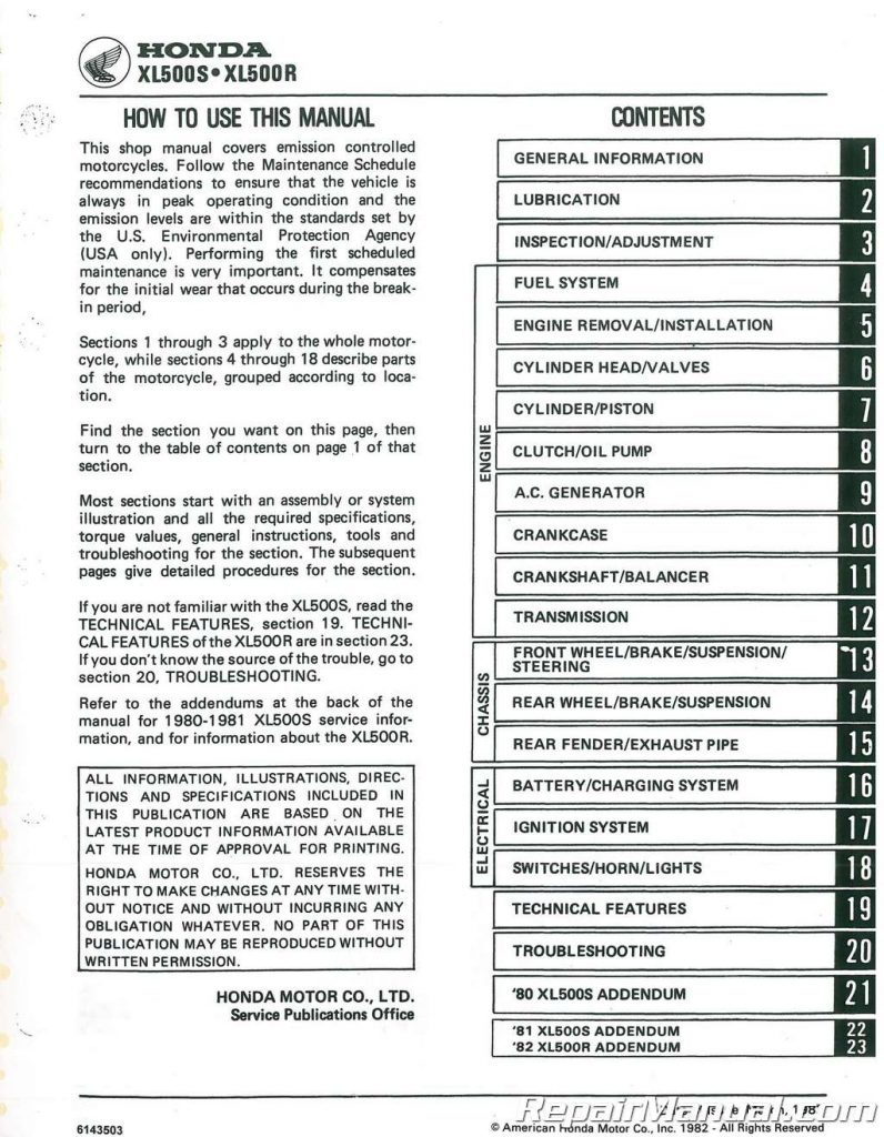 1979-1982 Honda XL500S XL500R Motorcycle Service Manual