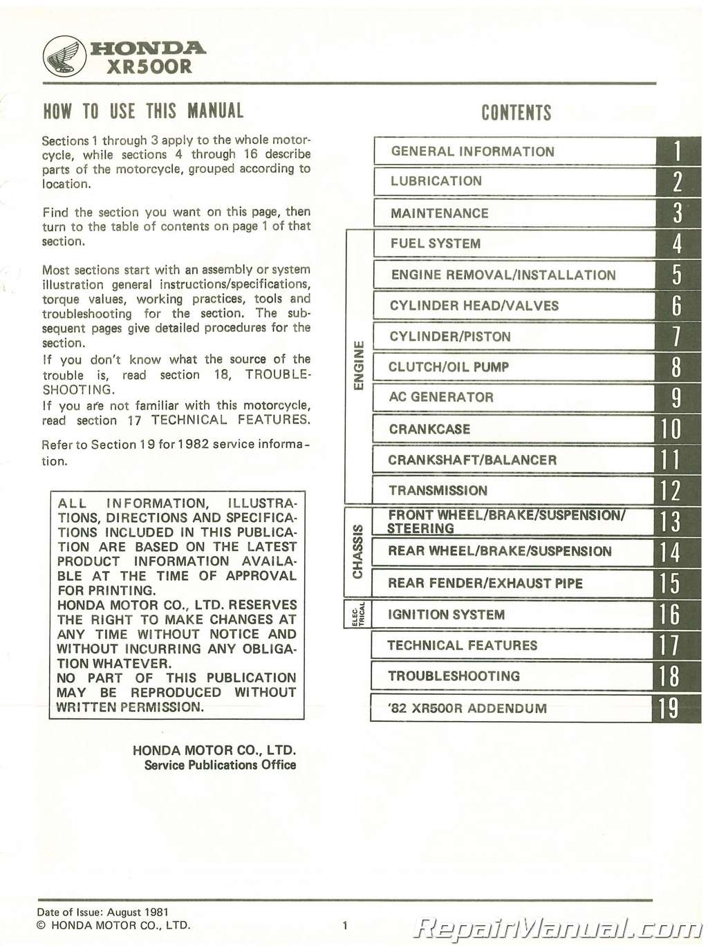 Used 1981-1982 Honda XR500R Service Manual