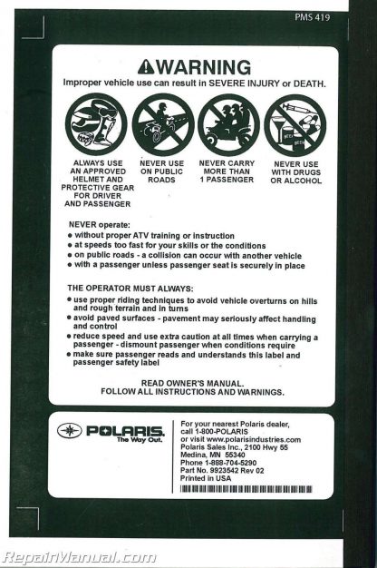 2012 Polaris Sportsman Touring EPS 550 EPS 850 ATV Owners Manual - Image 2