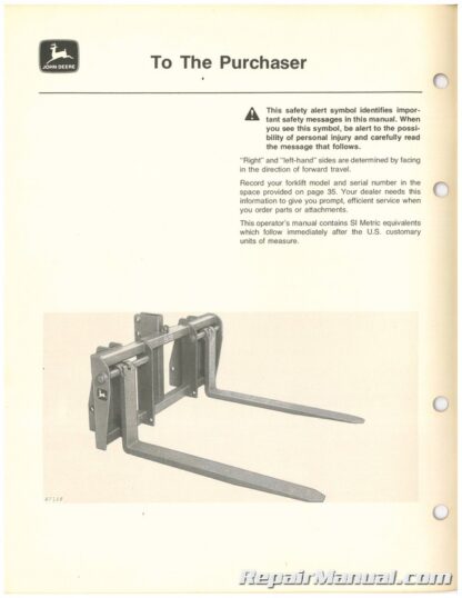 Used John Deere 59 Forklift Operators Manual J8 - Image 4