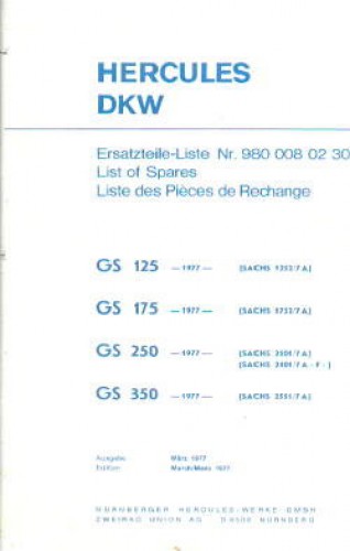 Official 1977 KTM Hercules DKW GS 125 175 250 350 Factory Spare Parts Chassis Manual