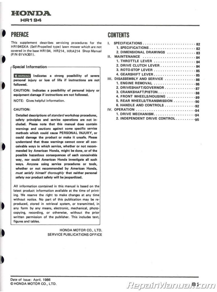 Honda HR194 HR214 HRA194 And HRA214 Lawn Mower Shop Manual