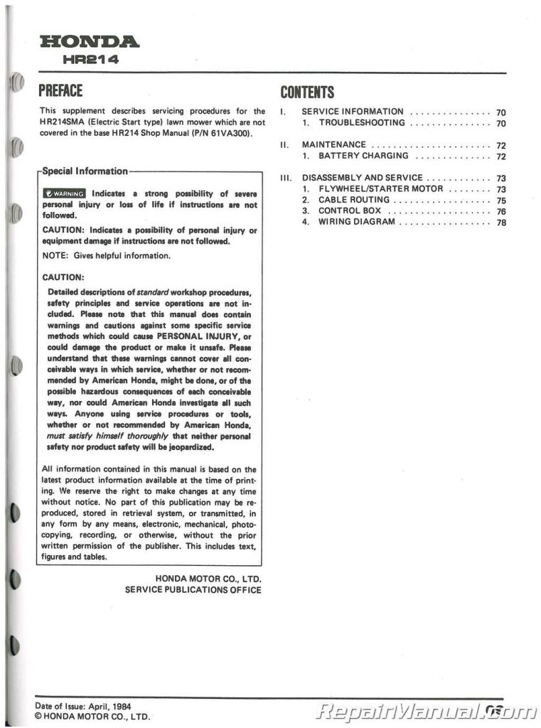 Honda HR194 HR214 HRA194 And HRA214 Lawn Mower Shop Manual