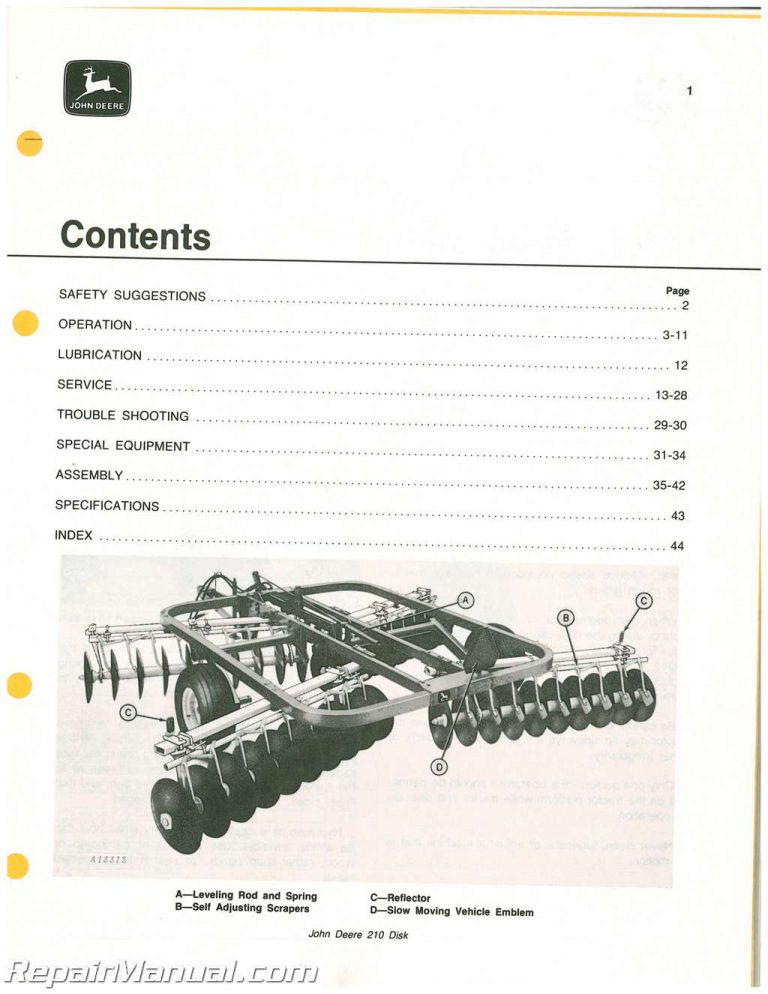 Used John Deere 210 Disk Operators Manual