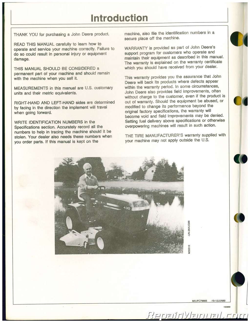 Used John Deere 430 Lawn And Garden Tractor Operators Manual