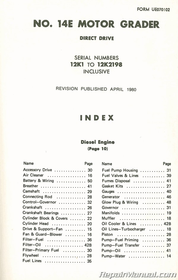  Used  Caterpillar  No 14E Motor  Grader  Direct Drive Parts  Manual