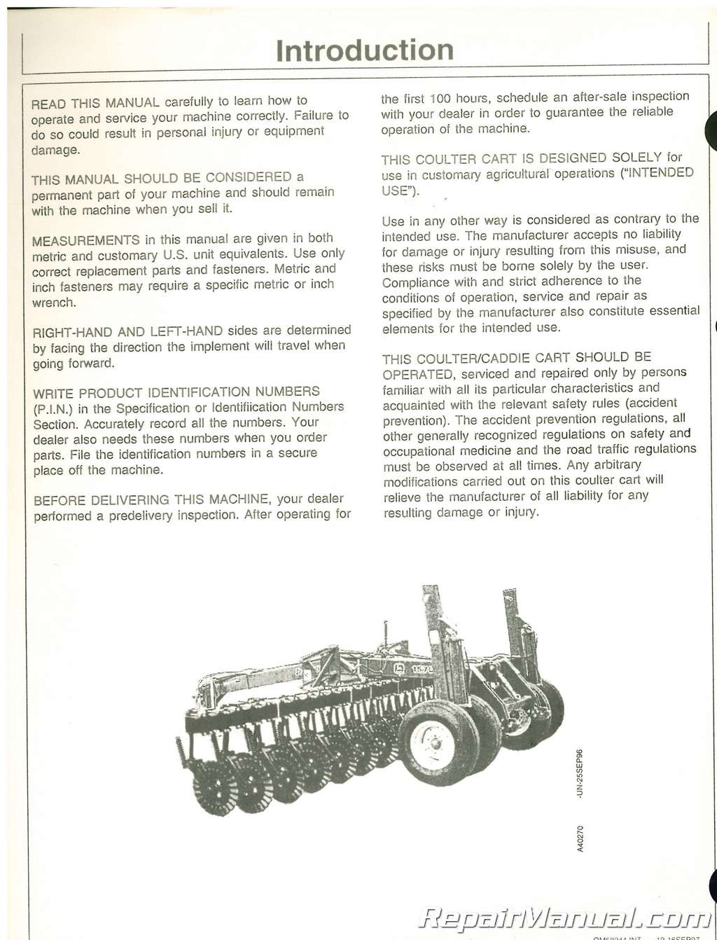 Used John Deere 1570 Coulter/Caddie Cart Operators Manual