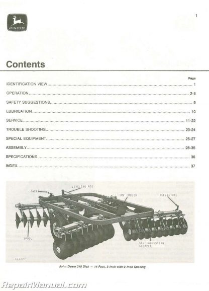 Used John Deere 310 Disk Operators Manual
