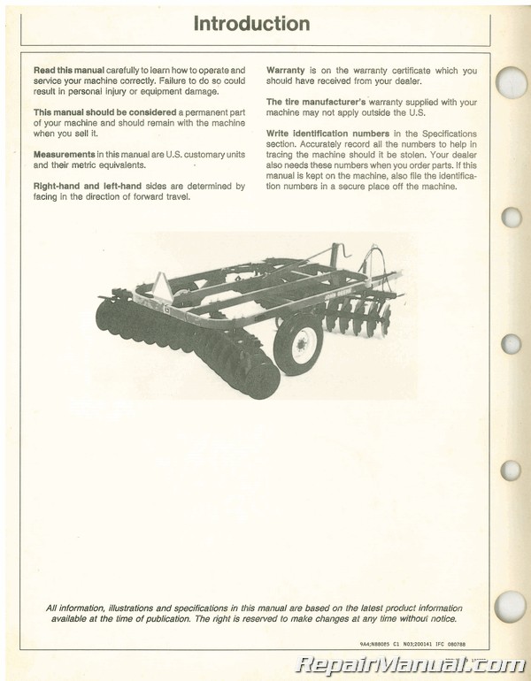 Used John Deere 620 Drawn Disk Operators Manual