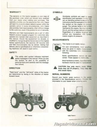 Used John Deere 850 950 1050 Tractor Operators Manual