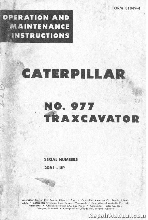 Caterpillar 977 Traxcavator Operators Maintenance Manual 20A1 and up