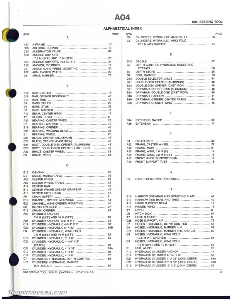 Used John Deere 1060 Seeding Tool Parts Catalog