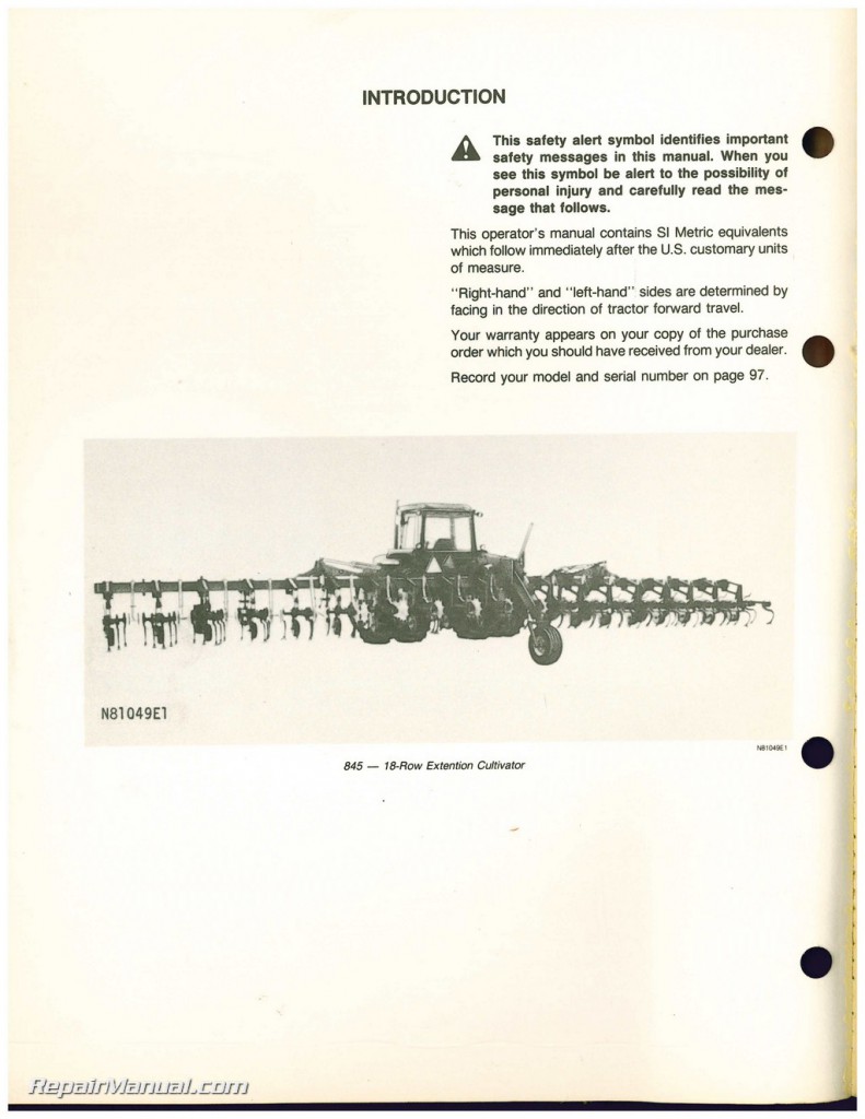 Used John Deere 845 Series Folding Row-Crop Cultivator Operators Manual