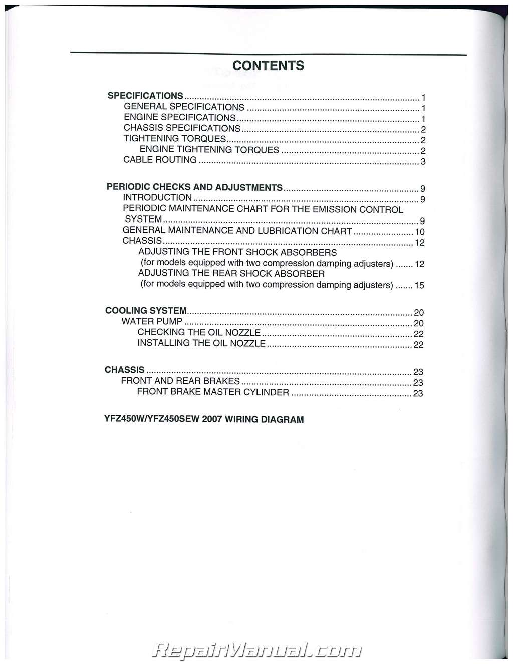 2004 - 2009, 2012 - 2013 Yamaha YFZ450 ATV Service Manual