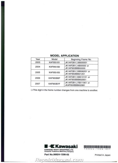 2003-2007 Kawasaki KAF950 Mule 3010 Diesel Side by Side Service Manual