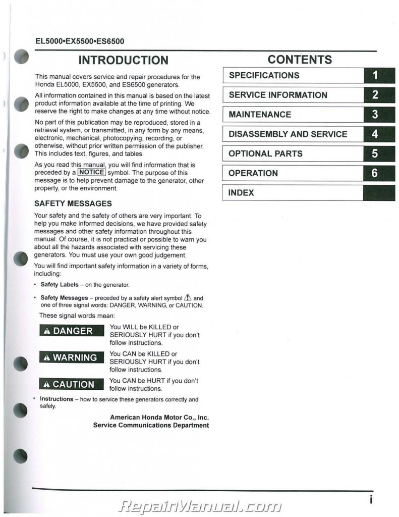 Honda EL5000 ES6500 EX5500 Generator Shop Manual