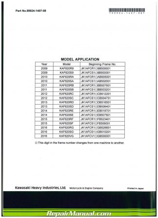 2009 – 2017 Kawasaki KAF620R S Mule 4010 Trans4x4 Service Manual