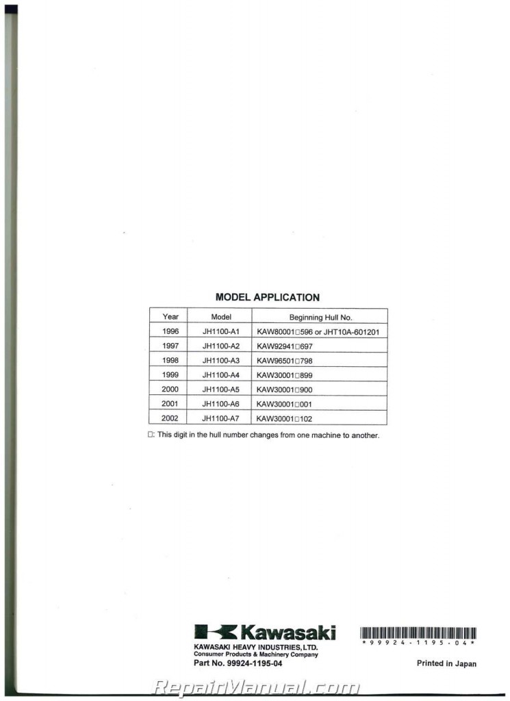 1996-2002 Kawasaki 1100 ZXi 1999 1100 STX Jet Ski Factory Service Manual