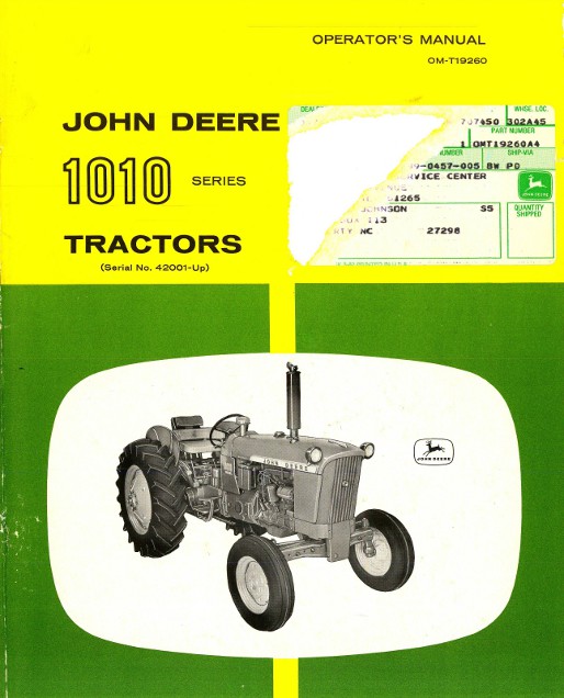 John Deere 1010 Tractor Operators Manual