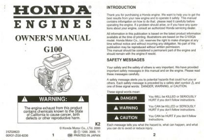 Official Honda G100 Engine Owners Manual