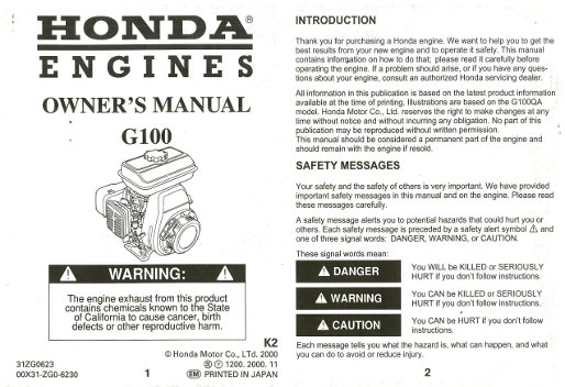Fervent procedure krijgen Honda G100 Engine Owners Manual
